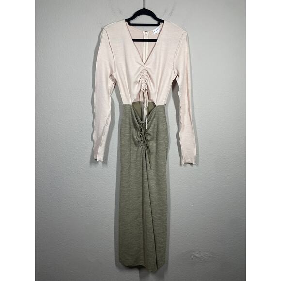 Song of Style Small Ezra Midi Dress Green Combo Ruched Front Ribbed Long Sleeves - Picture 3 of 11